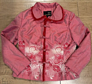 Tsai Mong-Hsia Chinese Brocade Jacket Sz 9 VTG Red Faux Fur Trim Frog-Closure